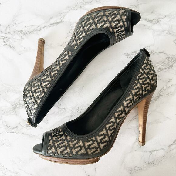 Tory Burch Regan Signature Logo Wood Platform Peep Toe Heels Women’s Size 11 - Picture 7 of 14